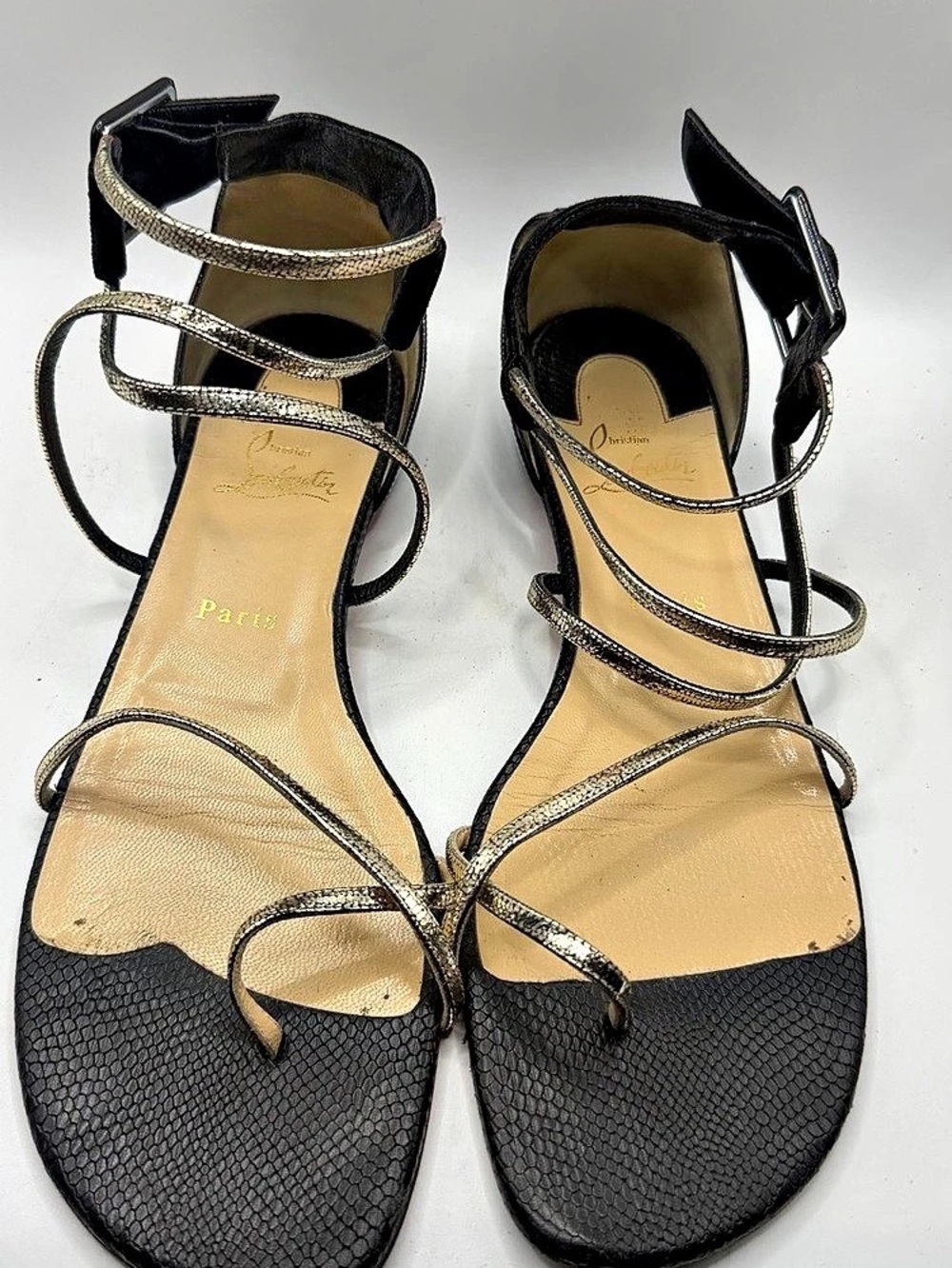 Christian Louboutin Embossed Black and Gold Leather Animal Print Sandals